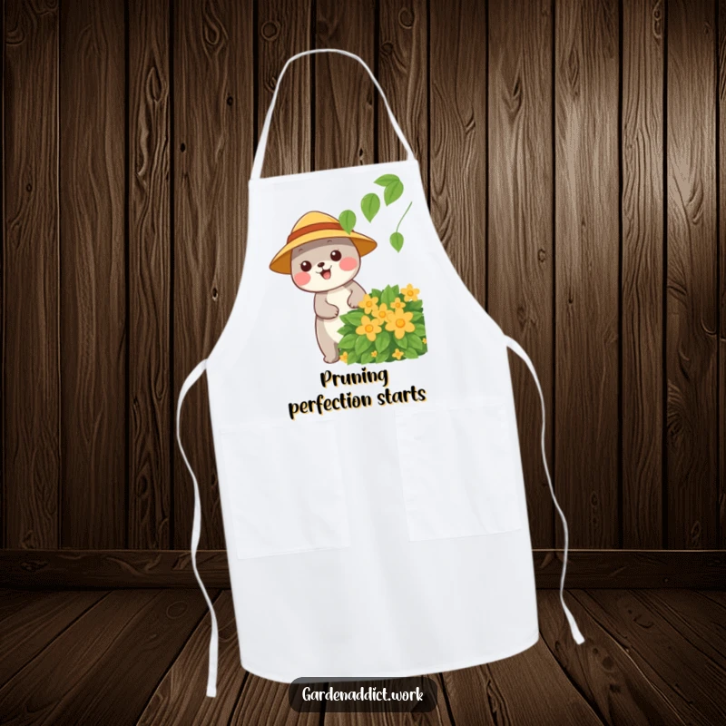 Funny gardening apron featuring a happy animal character wearing a sun hat, pruning a leafy bush, ideal for kitchen use.