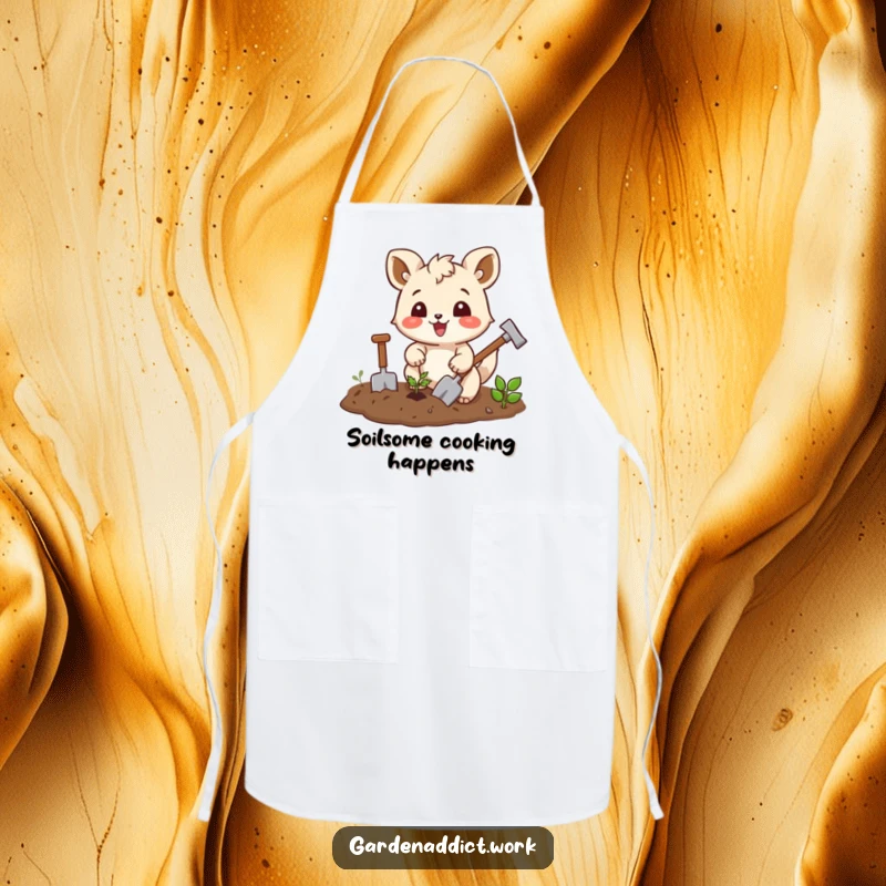 Funny gardening apron featuring a joyful squirrel character enthusiastically tilling soil with tiny tools, perfect for kitchen or garden protection.