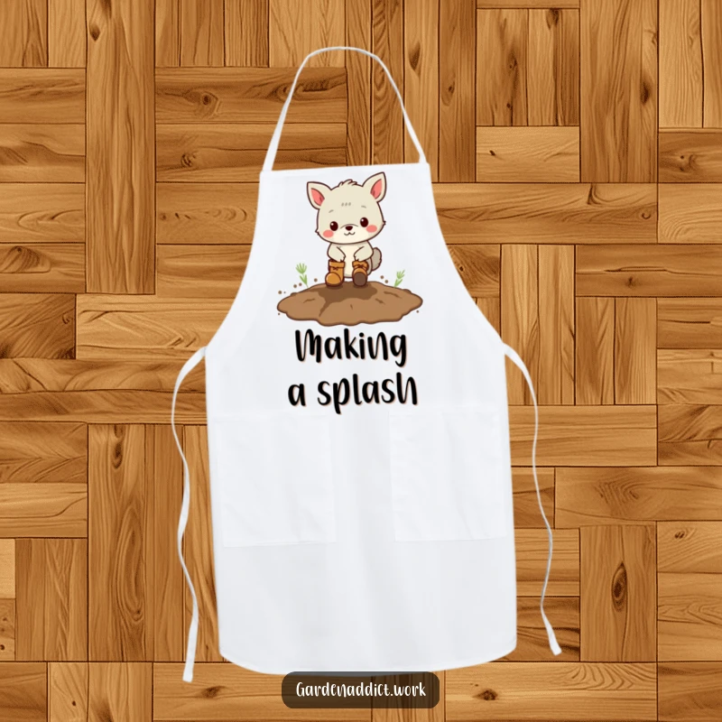 Funny mud apron featuring an animal character wearing boots, playfully stomping in a muddy patch, ideal for messy activities.