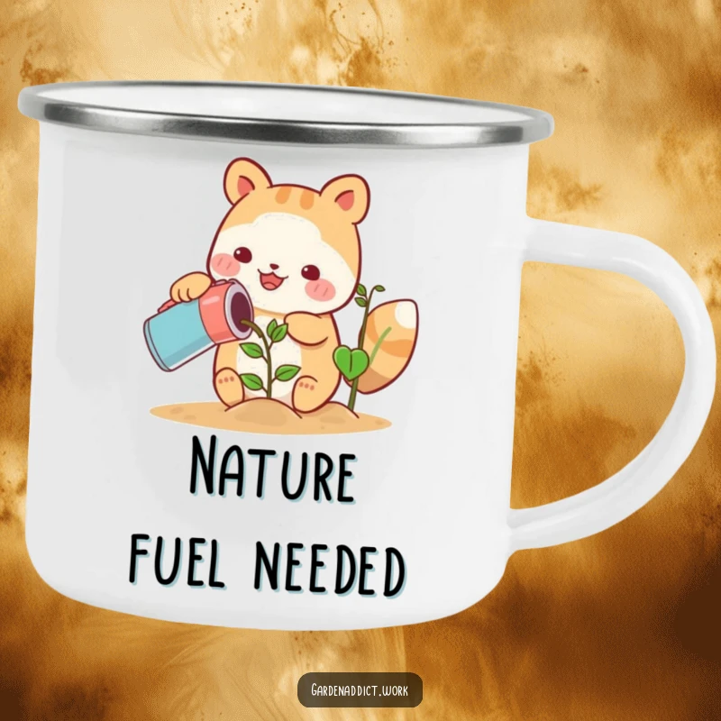 Funny cute animal character happily watering a growing plant with a can on a camping mug, great outdoor funny gift.