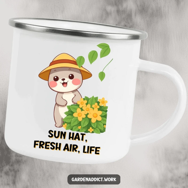 Funny camping mug featuring a happy animal character wearing a sun hat, pruning a leafy bush, ideal for outdoor enthusiasts.