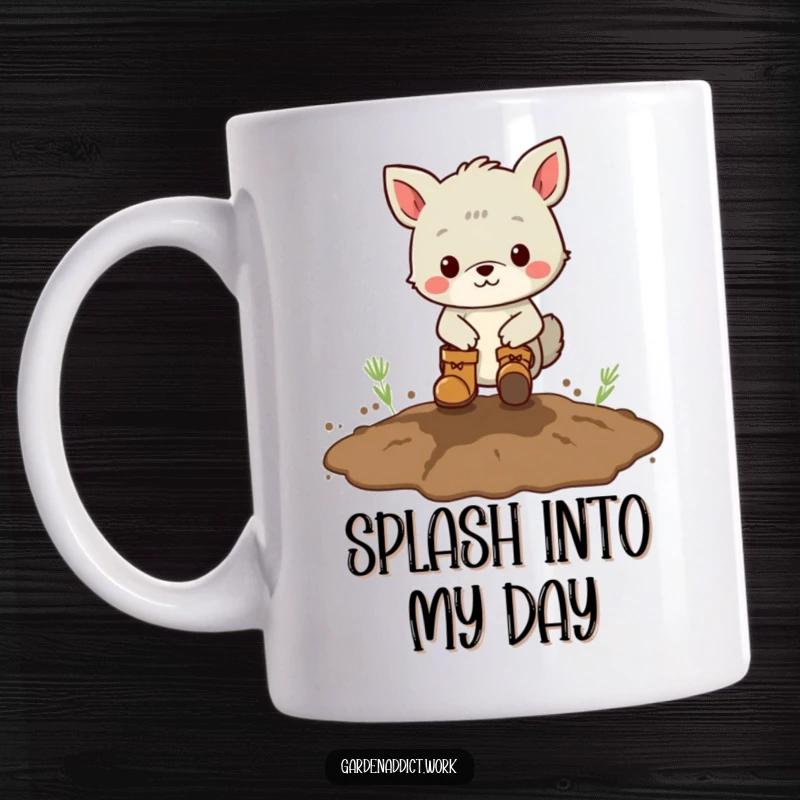 Funny mug with an animal character wearing boots, playfully stomping in a muddy patch, celebrating messy, joyful fun.