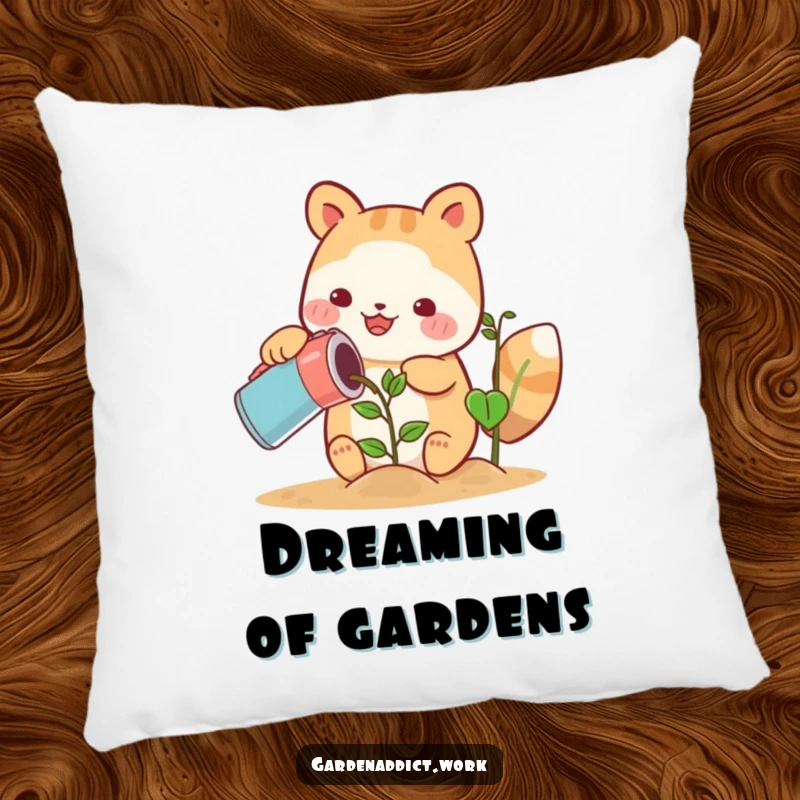 Funny cute animal character happily watering a growing plant with a can on a soft pillow, ideal funny gift.