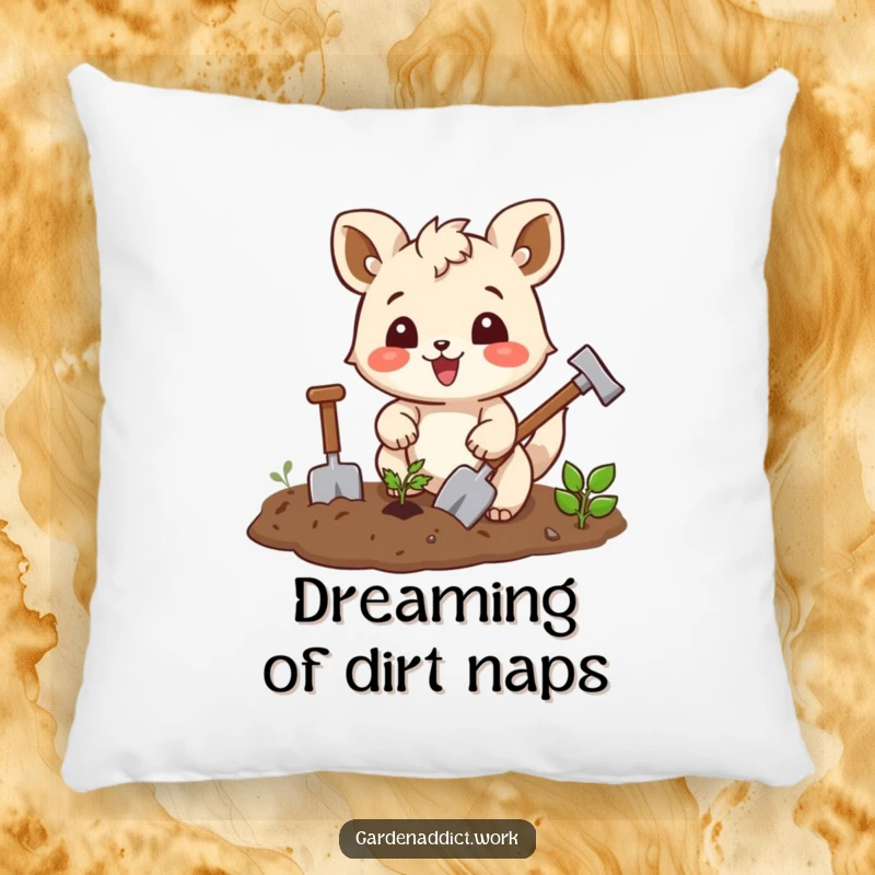 Funny gardening pillow with a joyful squirrel character enthusiastically tilling soil with tiny tools, offering humor and comfort.