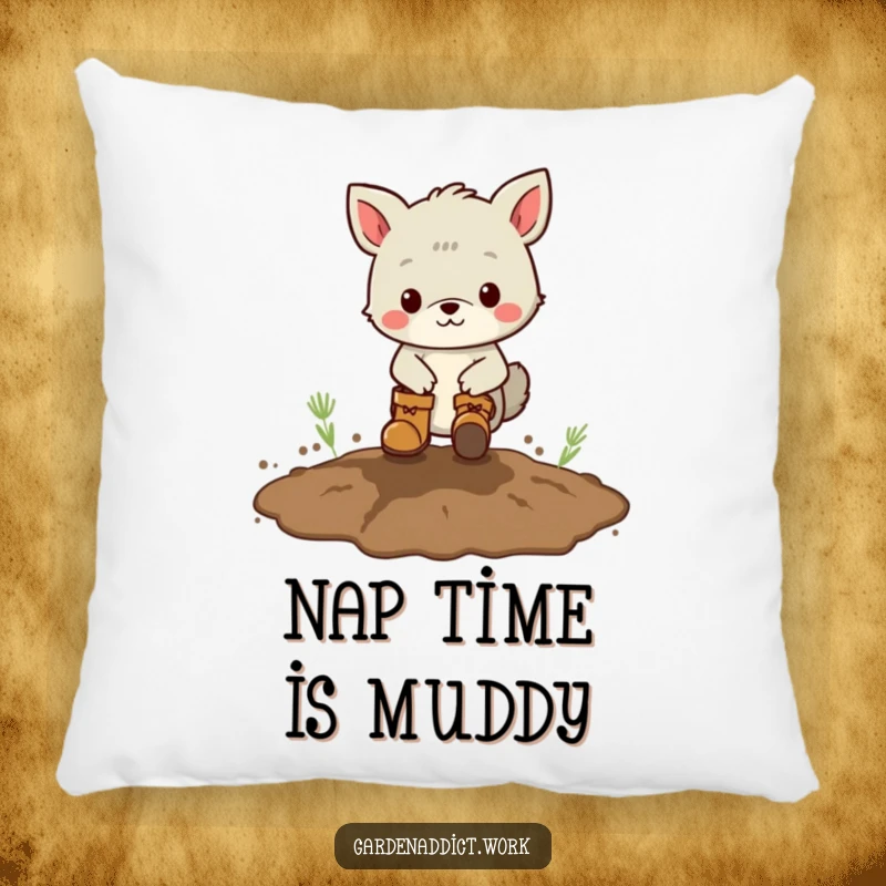 Funny mud pillow with a playful animal character wearing boots, stomping in a muddy patch, offering comfort and humor.