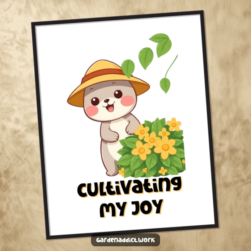 Funny digital art print of a happy animal character wearing a sun hat, pruning a leafy bush, perfect for instant decor.