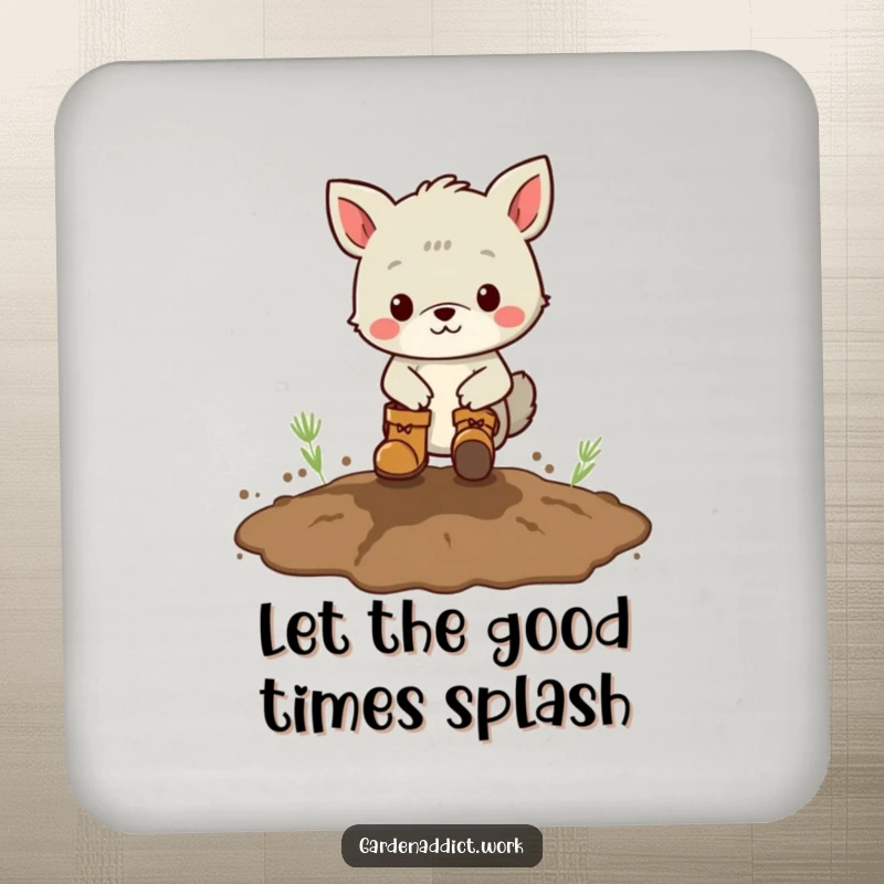 Funny coaster showing an animal character wearing boots, playfully stomping in a muddy patch, protecting surfaces with charm.