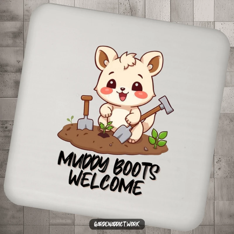 Funny gardening coaster showing a joyful squirrel character enthusiastically tilling soil with tiny tools, protecting surfaces with humor.