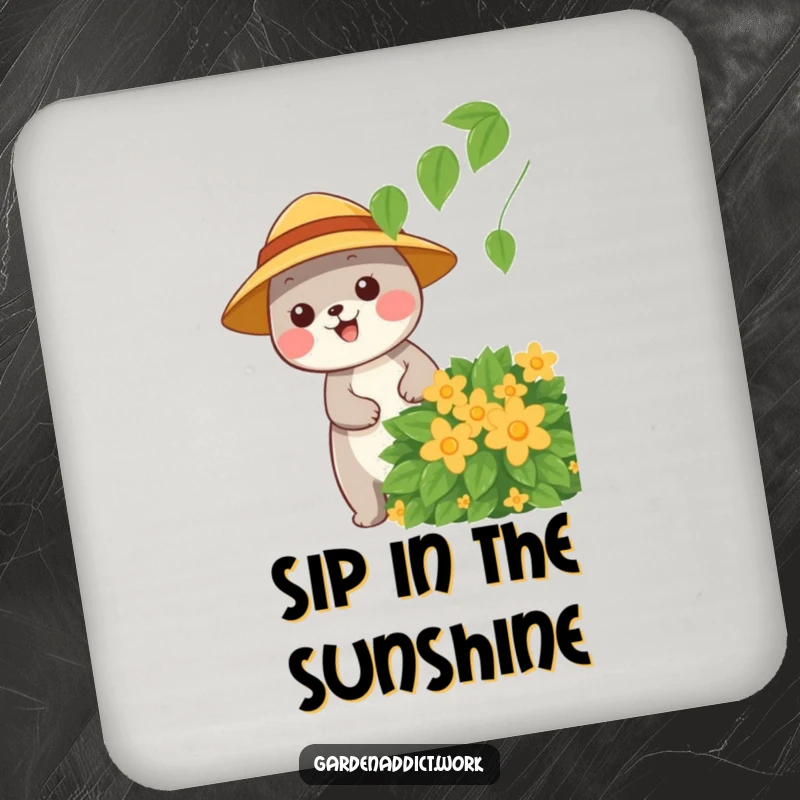 Funny coaster showing a happy animal character wearing a sun hat, pruning a leafy bush, protecting surfaces with cheer.
