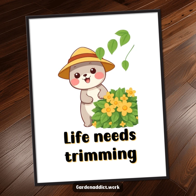 Funny poster depicting a happy animal character wearing a sun hat, pruning a leafy bush, adding cheerful charm.