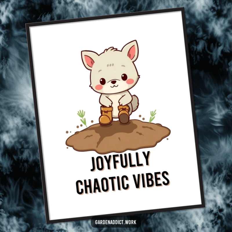 Funny poster depicting an animal character wearing boots, playfully stomping in a muddy patch, adding whimsical charm.