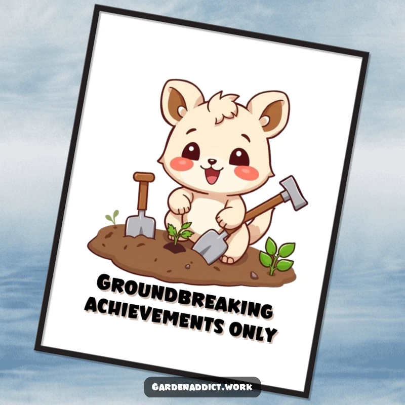 Funny gardening poster depicting a joyful squirrel character enthusiastically tilling soil with tiny tools, adding humor to wall decor.
