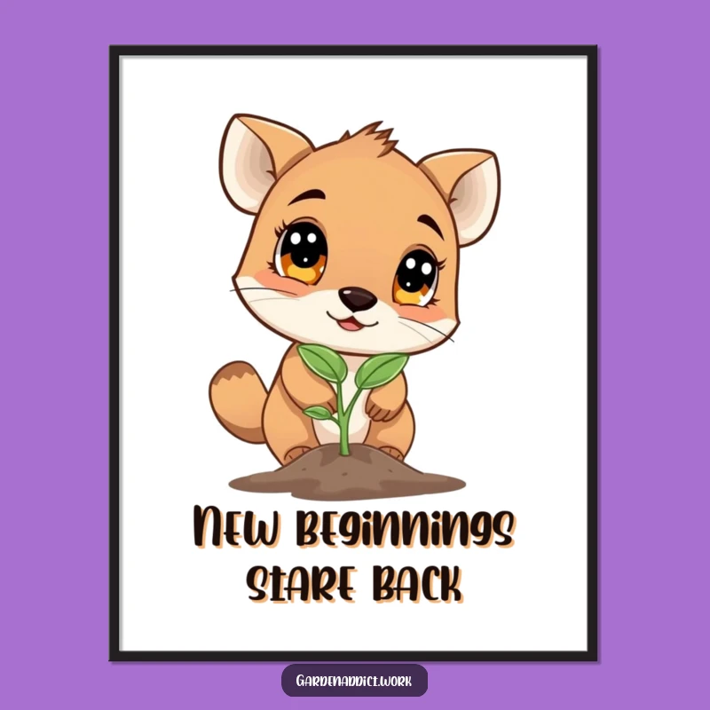 Funny Seedling Poster: Curious Animal Discovering Nature, Whimsical Wall Art