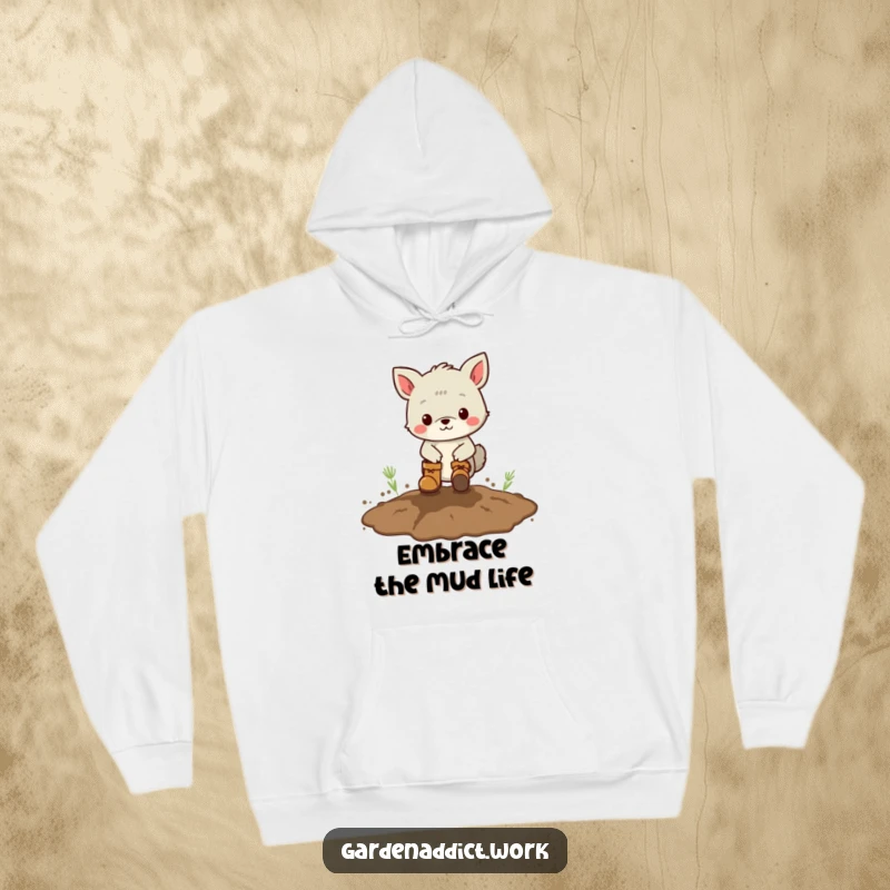 Funny mud hoodie with an animal character wearing boots, playfully stomping in a muddy patch, perfect for cool weather.