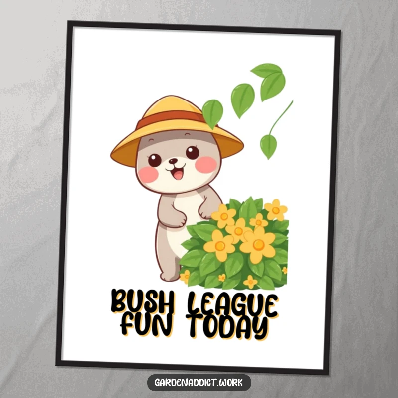 Funny Free Printable Wall Art: A happy animal wearing a sun hat cheerfully prunes a leafy green bush, bringing garden joy.