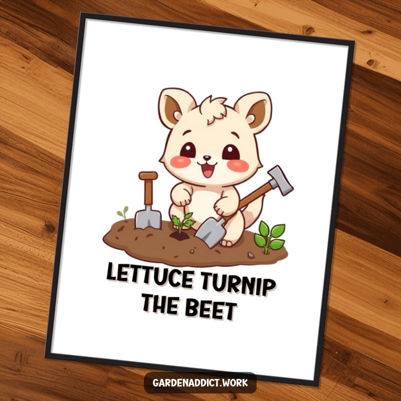 Funny Free Printable Wall Art: Energetic animal with miniature tools enthusiastically tilling the soil, bringing garden humor home.