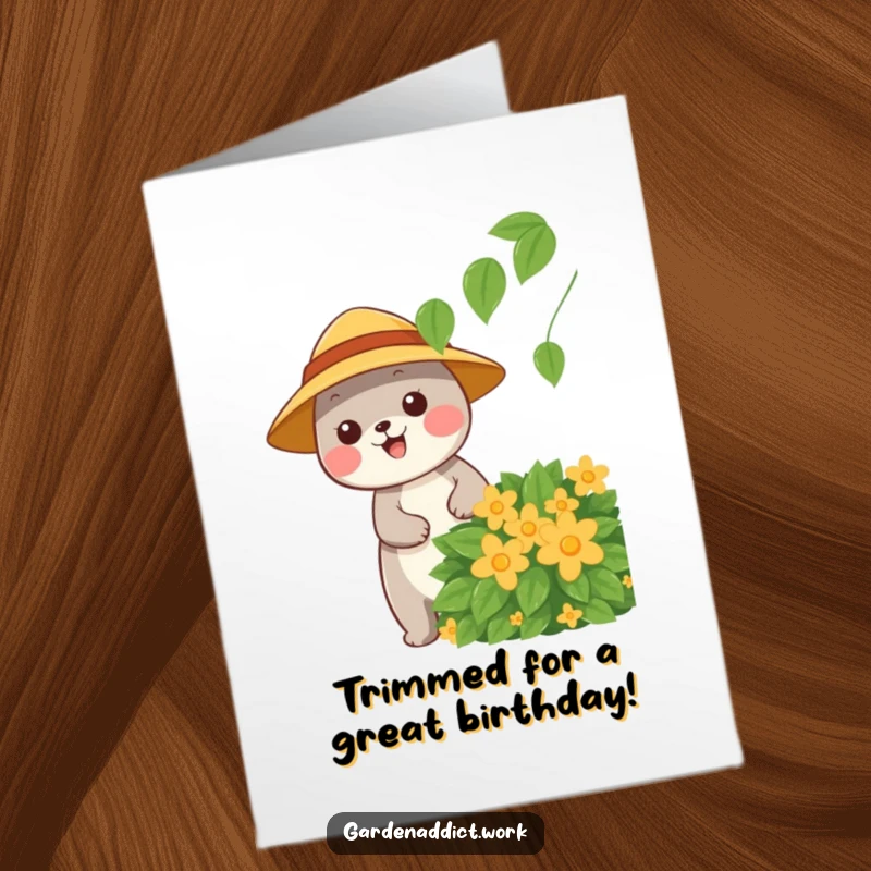 Funny Free Printable Birthday Card: A happy animal in a sun hat cheerfully prunes a lush green bush, enjoying the day.