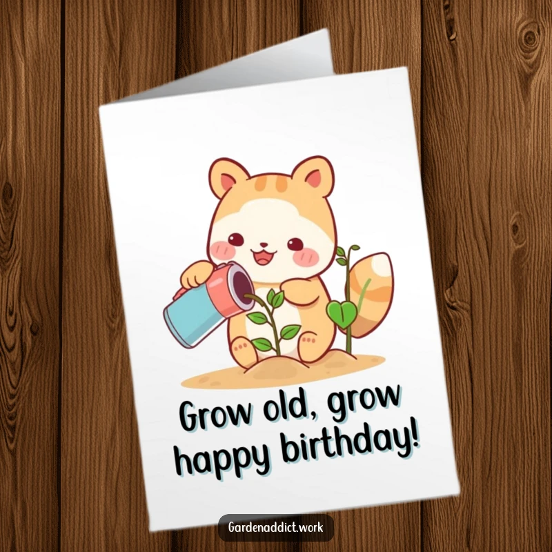 Funny free printable birthday card: A cute animal character happily watering a growing plant, symbolizing good wishes and blossoming joy for the birthday.