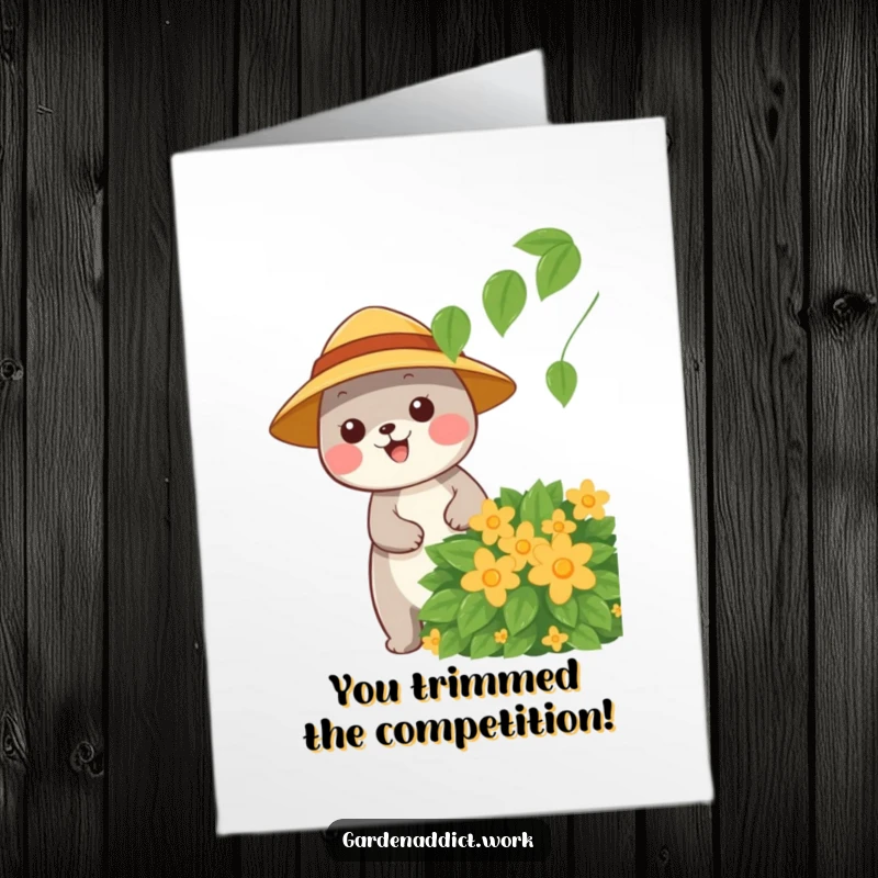 Funny Free Printable Congrats Card: A cheerful animal wearing a sun hat happily prunes a bush, symbolizing productive growth.