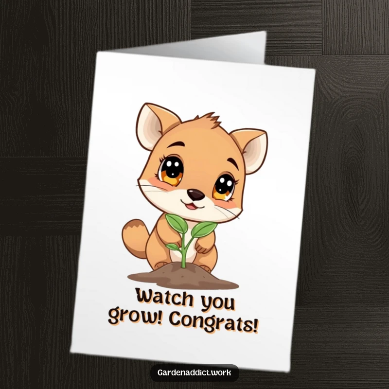 Funny Free Printable Congrats Card: An inquisitive animal with big eyes carefully examines a newly sprouted seedling, celebrating potential.