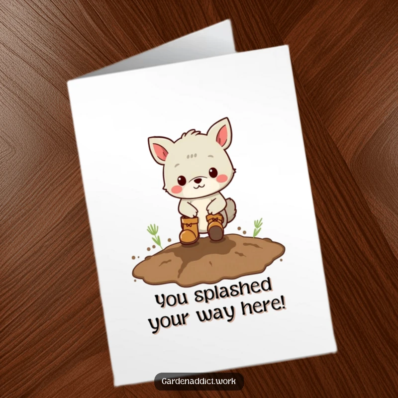 Funny Free Printable Congrats Card: Adorable animal wearing boots stomps enthusiastically in a muddy patch, celebrating triumph.