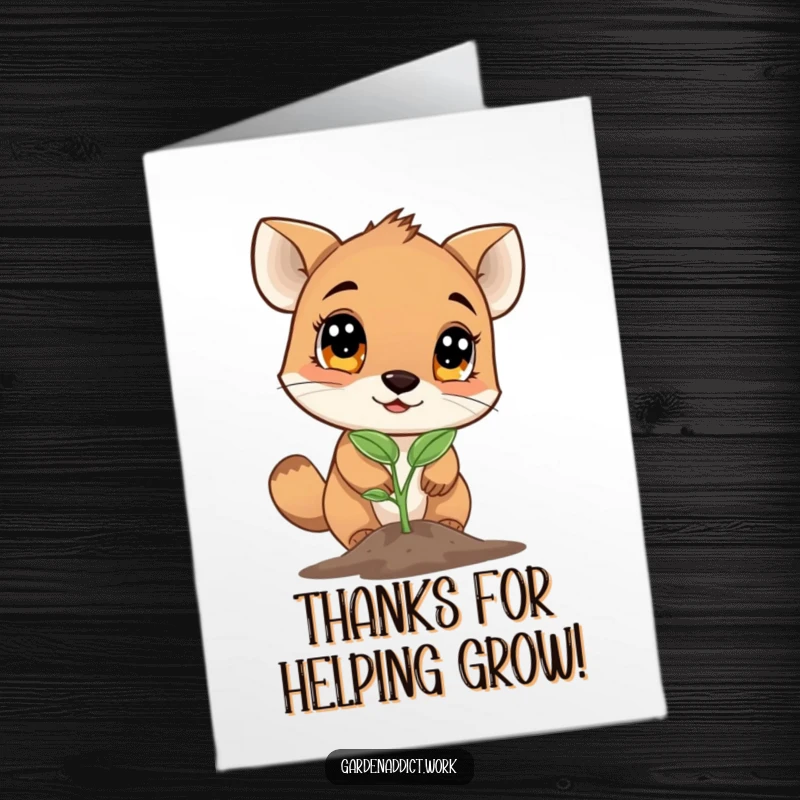 Funny Free Printable Thank You Card: A curious animal gazes with wonder at a tiny seedling, expressing appreciation.