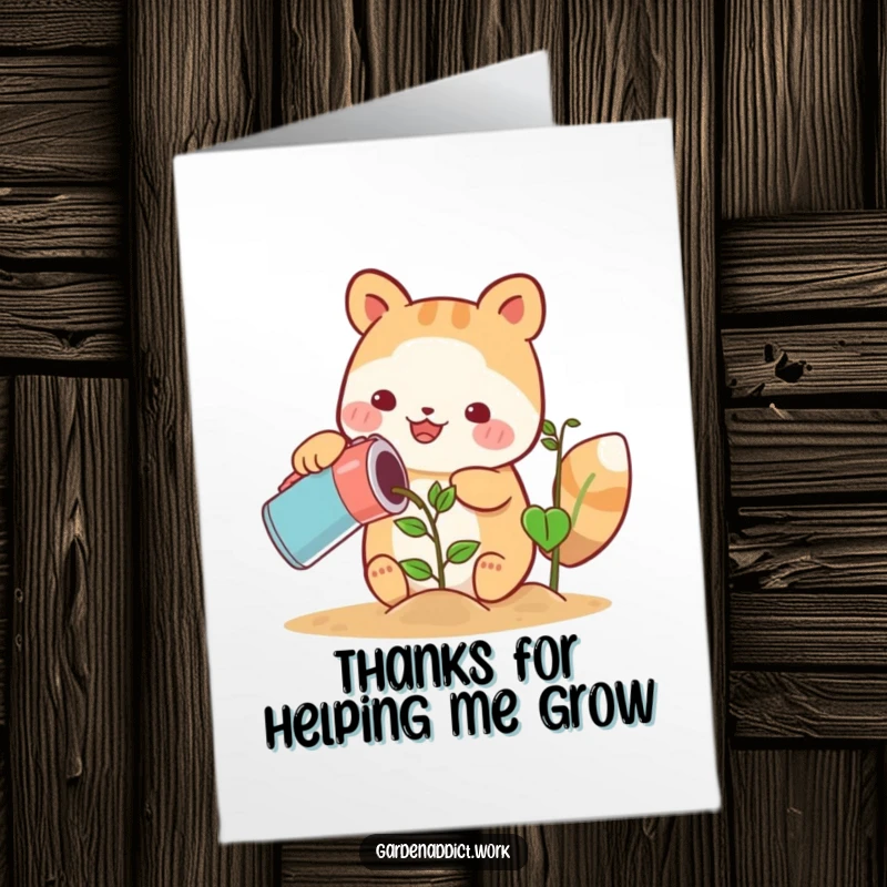 Funny free printable thank you card: A cute animal character watering a growing plant, a gentle and heartfelt DIY gesture of gratitude.