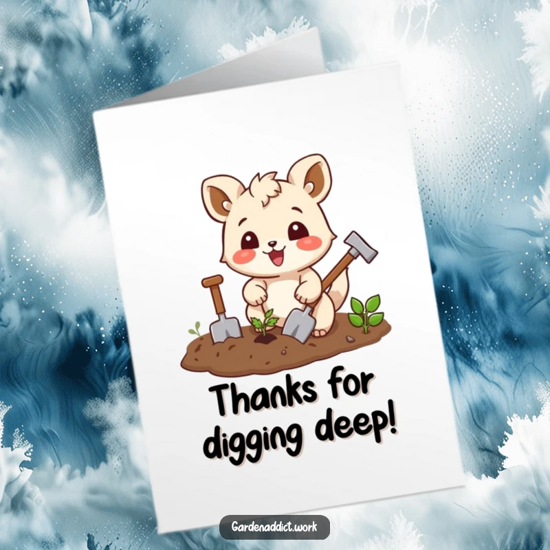 Funny Free Printable Thank You Card: A happy animal with tiny tools joyfully gardening, expressing thanks with a smile.