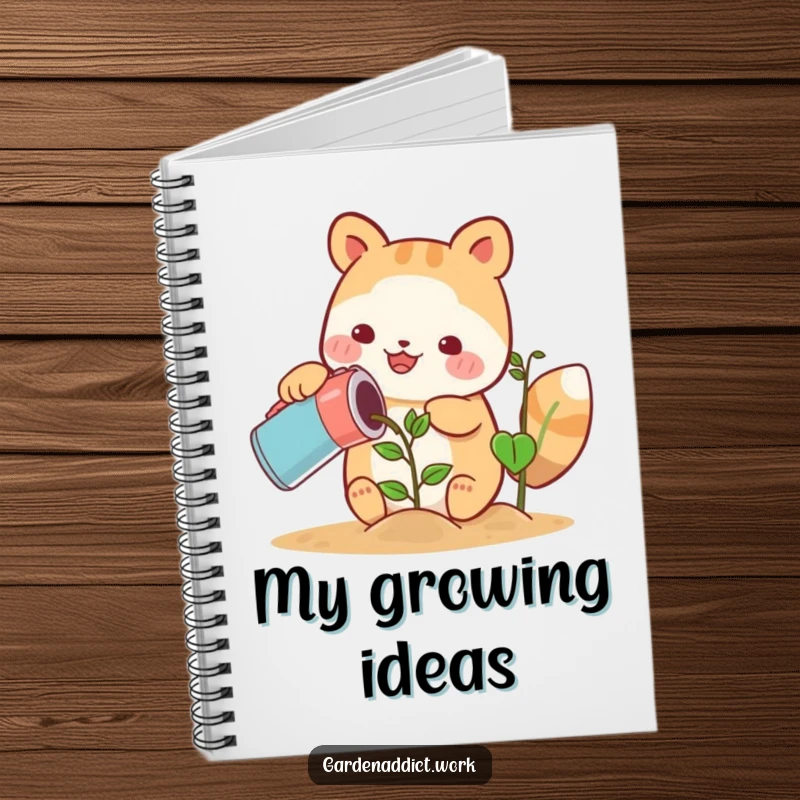 Funny cute animal character happily watering a growing plant with a can on a notebook cover, a funny gift.
