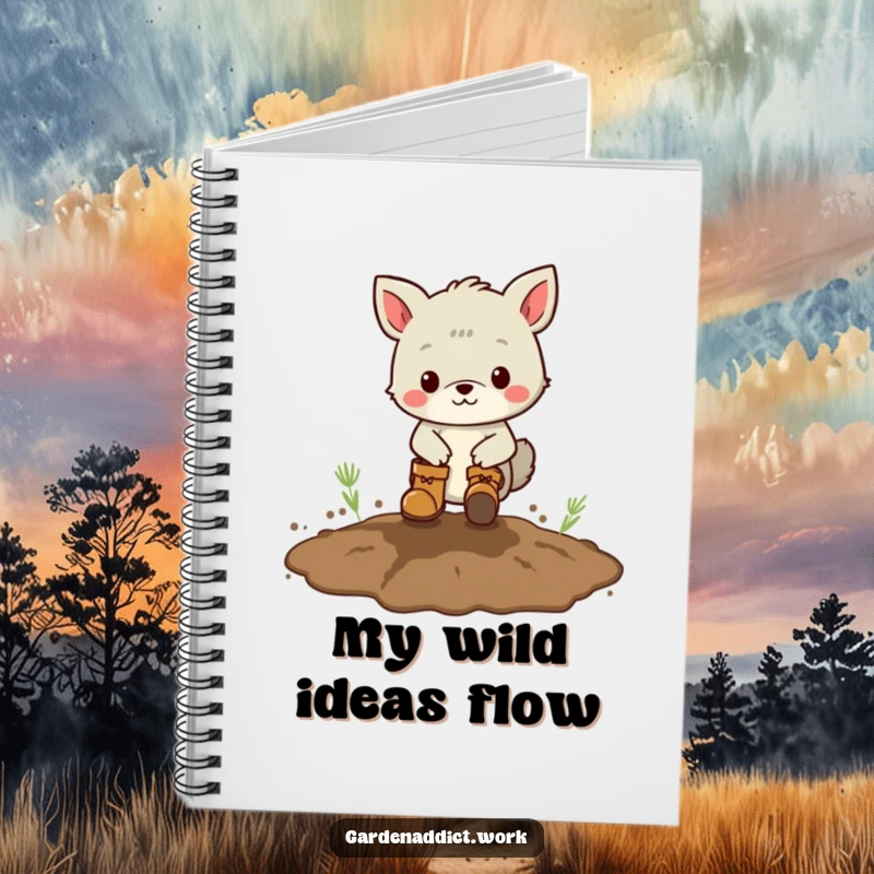 Funny notebook with an animal character wearing boots, playfully stomping in a muddy patch, perfect for jotting down ideas.
