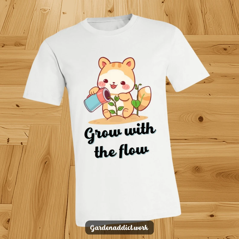 Funny cute animal character happily watering a growing plant with a can on a t-shirt, a sweet funny gift.