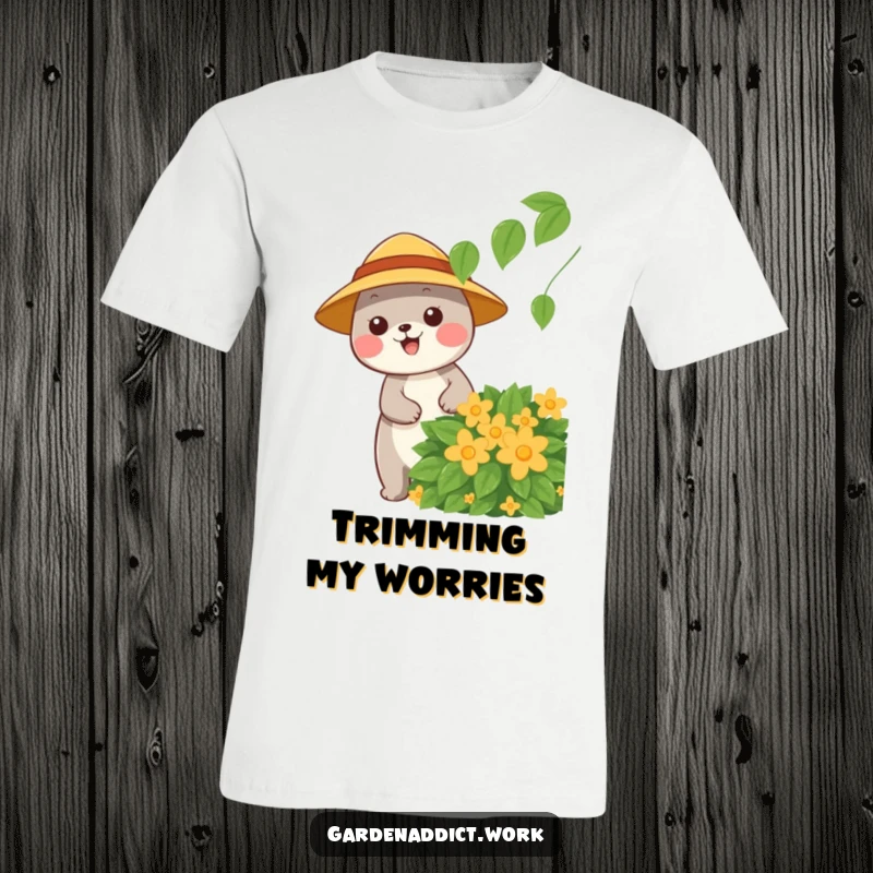 Funny t-shirt featuring a happy animal character wearing a sun hat, pruning a leafy bush, perfect for gardeners.