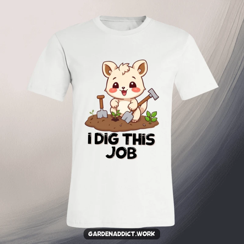 Funny squirrel t-shirt showing an enthusiastic gardener character tilling soil with tiny tools, perfect for a spring or gardening enthusiast.
