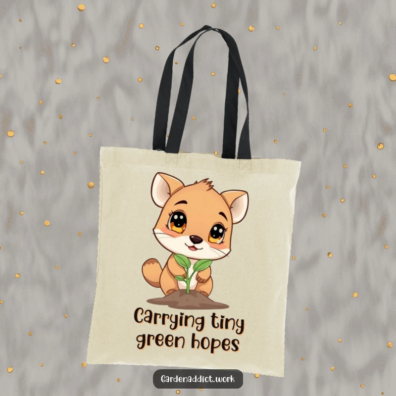 Funny tote bag featuring a curious animal character examining a newly sprouted seedling with wide eyes, perfect for carrying items.