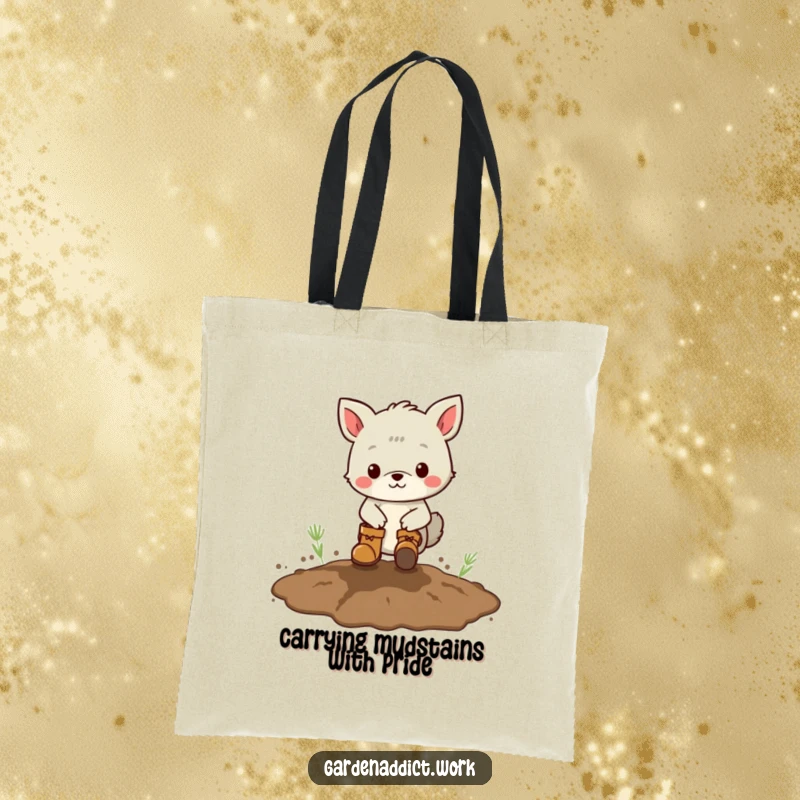 Funny tote bag featuring an animal character wearing boots, playfully stomping in a muddy patch, perfect for carrying essentials.